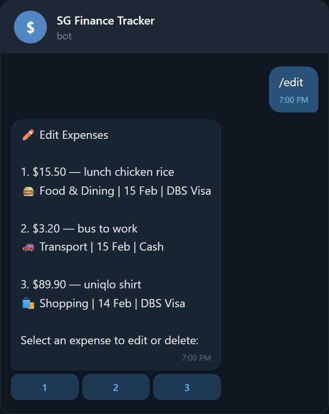 Edit view with recent expenses