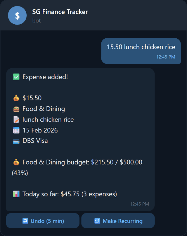 Expense confirmation with undo button