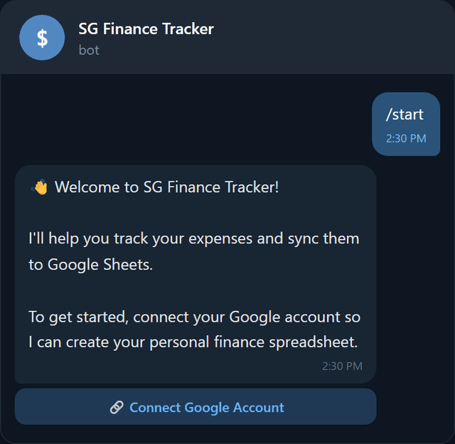 Bot welcome message after tapping Start